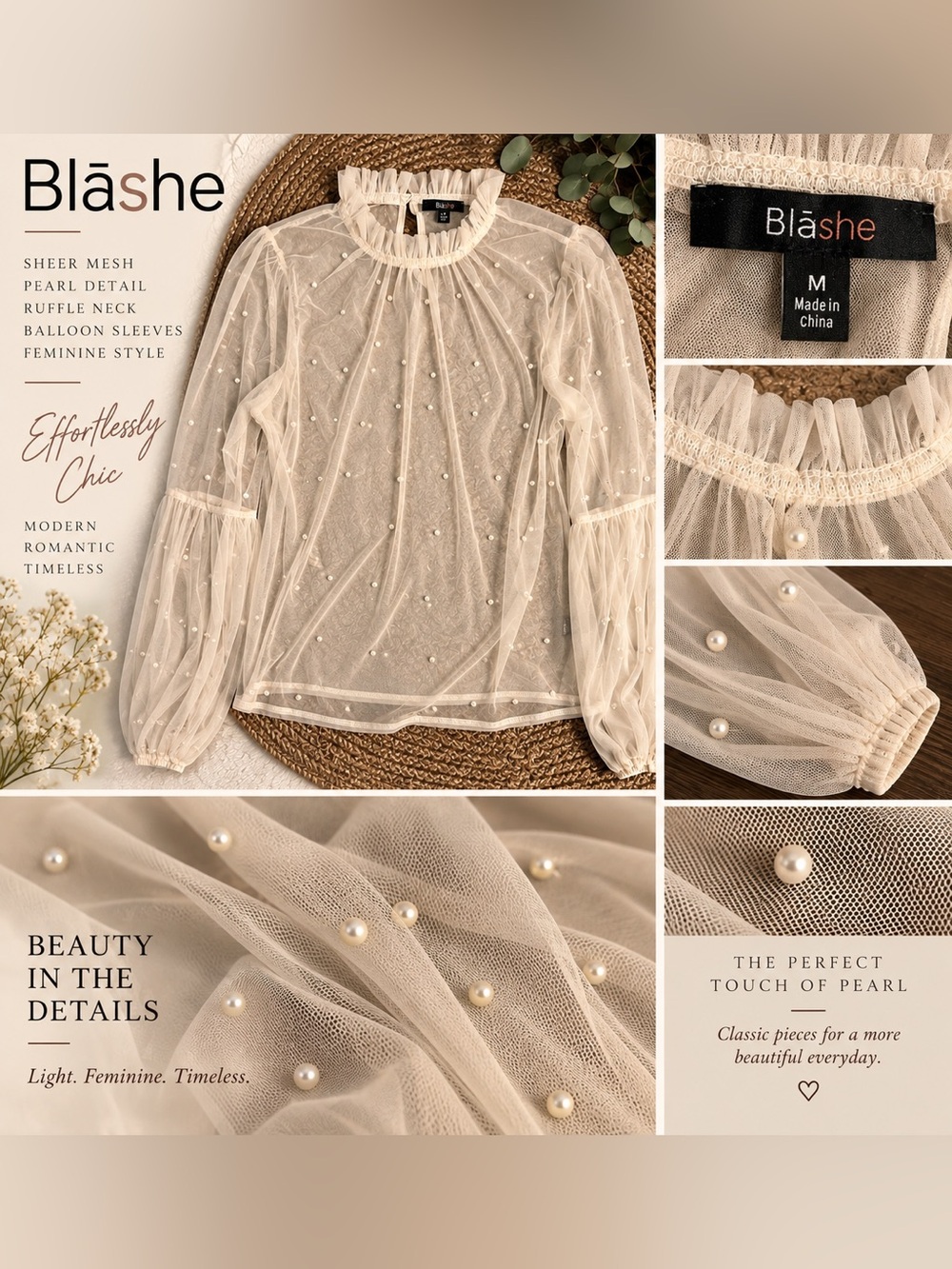 Blāshe Ivory Pearl-Embellished Sheer Ruffle-Neck Blouse